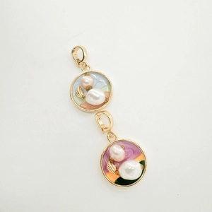 French oil painting style floral enamel pendants with gold leaf and pearls for necklaces