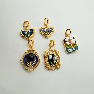Vintage 18K gold enamel pendants with pearls and floral motifs in French palace style
