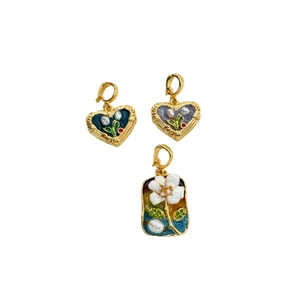 18K enamel flower pendants with natural pearls and heart shaped jewelry charms set