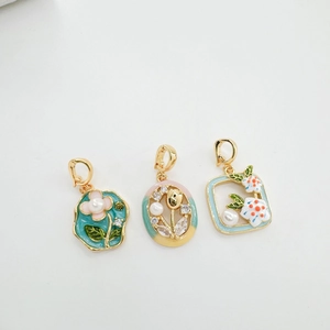 Monet style oil painting flower pendants with natural pearls and colorful enamel work