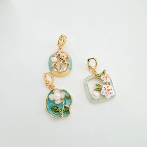 Enamel flower pendants with natural freshwater pearls and sparkling stones in Monet oil style