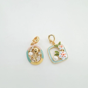 Enamel floral pendants with natural freshwater pearls in Monet oil painting style