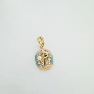 Detail of tulip oval pendant with enamel flowers, pearl and gemstone inlay
