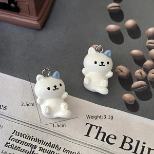 Cute white resin smiling cat charms with blue ear details and silver rings for DIY jewelry