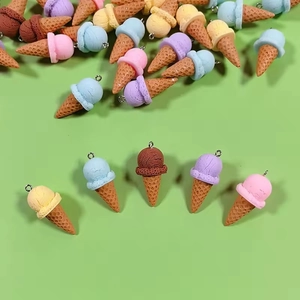 Colorful resin ice cream cone charms with metal rings and detailed waffle texture