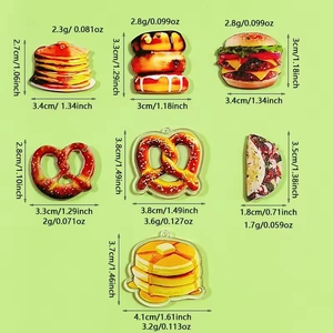 Acryl bedeltjes set met burgers en donuts inclusief gedetailleerde afmetingen
