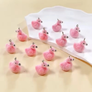 Set of 12 cute pink flocked duck charms with metal rings for DIY jewelry and accessories