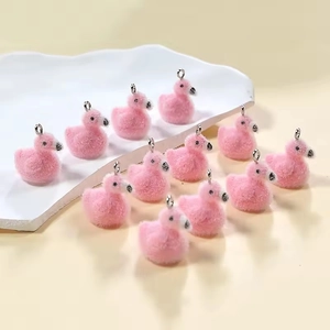 Pink flocked duck charms for DIY jewelry making with gold rings for earrings and keychains