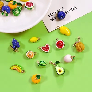 Assorted colorful enamel fruit and vegetable pendants with gold-plated metal hooks