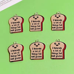 Set of 6 cute acrylic toast pendants with cartoon faces and funny gluten-free quote
