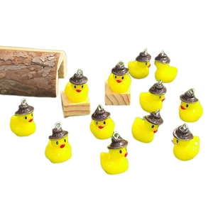 Cute resin yellow duck charms with brown hats and silver rings for DIY jewelry making