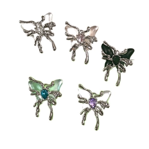 Y2K liquid metal butterfly pendants with colorful teardrop stones in five vivid colors