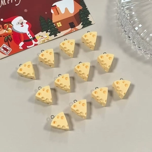Set of 12 yellow resin triangle cheese charms with realistic holes and metal rings