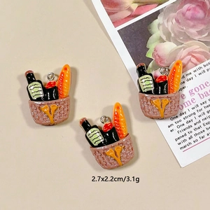 Miniature resin picnic basket charms with wine and baguettes for DIY jewelry making