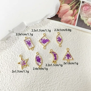 Geometric gold alloy pendants with purple dried flowers for DIY jewelry making