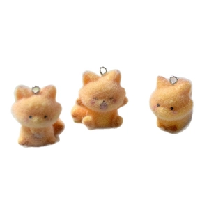 Three cute orange flocked resin fox charms with silver metal rings for DIY jewelry making
