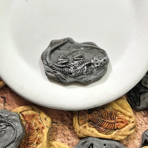 Detailansicht von Kunstharz Dinosaurier Fossil Anhängern in Grau und Erdigem Gelb