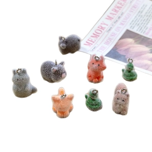 Flocked animal charms in cat and rabbit shapes for DIY jewelry making and keychains
