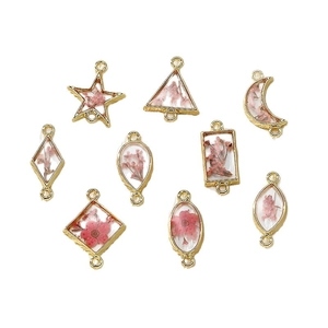 Geometric alloy gold frames with pink dried flowers resin charms for DIY jewelry design