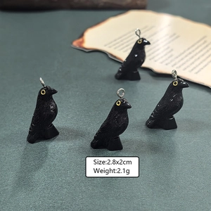 Halloween black resin crow pendant charm with yellow eyes and feather texture for DIY