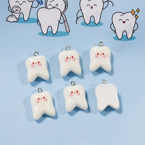 Set of 6 cute resin tooth charms with kawaii expressions and silver open rings for DIY crafts
