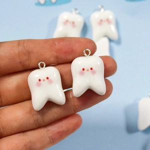 Cute resin tooth pendant with rosy cheeks and silver metal ring for DIY jewelry making