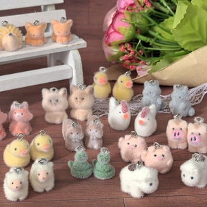 Cute flocked animal charms including kittens, pigs, and chicks with metal rings