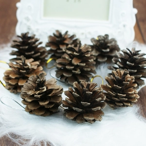 Natural pine cone Christmas ornaments with hanging ropes on a white plush background