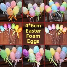 Detailed grid of colorful Easter foam egg picks with glitter and stripe textures