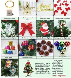 Macro grid view showing 22 Christmas tree decoration accessories including LED lights and ornaments