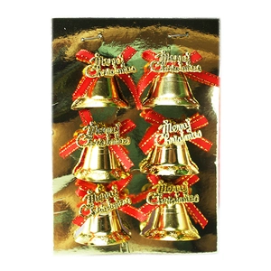 Set of 6 gold Christmas bells with red bows and Merry Christmas signs for tree decoration