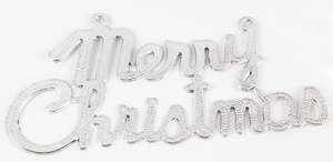 Macro shot of silver Merry Christmas hanging tag with shimmering textured glitter finish