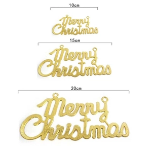 Three sizes of golden Merry Christmas signs in 10cm, 15cm and 20cm with hanging holes