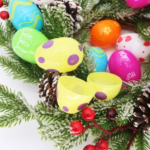 Close-up of colorful patterned Easter eggs nestled in a festive pine wreath with berries