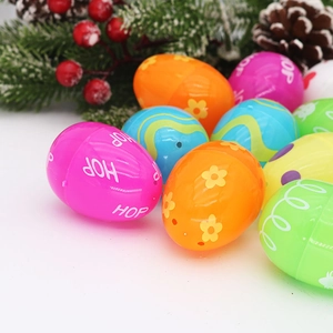 Close-up of colorful plastic Easter eggs with HOP text and various patterns for DIY gifts