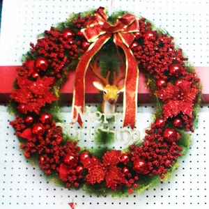 60cm Christmas wreath featuring red baubles, berries and a golden Merry Christmas sign