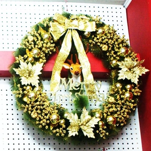 60cm Christmas wreath with golden reindeer, poinsettias, and Merry Christmas sign