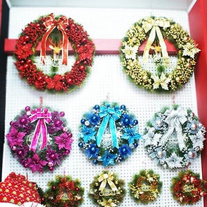 60cm blue Christmas wreath with gold bows, pine needles, and Merry Christmas sign