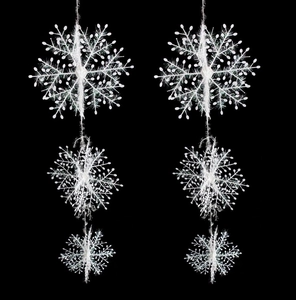 Three-piece set of 3D white plastic snowflakes with textured finish for Christmas decor