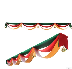 Three-layer wave flag banner with festive red green and gold satin fabric and bell details