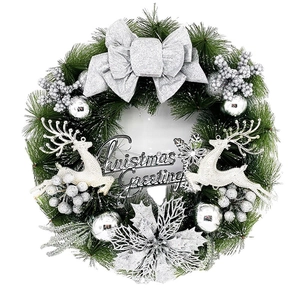 40cm Christmas wreath with silver bows, reindeer, glitter pine needles and greetings sign