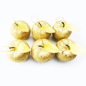 Set of six 6cm golden glitter apple ornaments with gold hanging strings for Christmas decor
