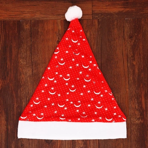 Red velvet Christmas hat with golden star and moon prints and white plush trim