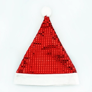 Bonnet de Noël pour adulte avec paillettes rouges, bordure en peluche et pompon blanc