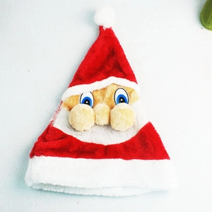 3D Santa Claus plush hat with thick red fabric and cartoon face for Christmas party decor