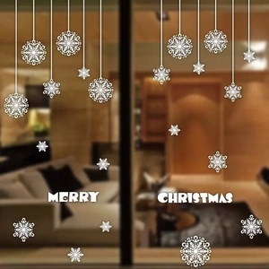 Witte kerst raamstickers met sneeuwvlokken en Merry Christmas belettering decoratie