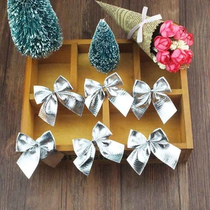 Set of 6 silver metallic texture Christmas bows for holiday tree and gift decoration