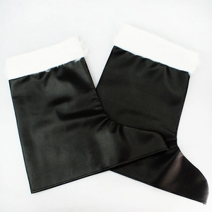 Black satin Santa Claus boot covers with white faux fur trim for Christmas cosplay costume