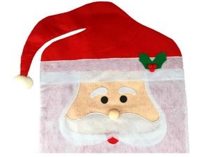 Close-up of Santa Claus chair cover with felt holly leaf and berry decorations