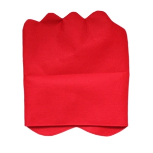 Detail of red festive chair cover featuring unique three-peak wavy serrated top design